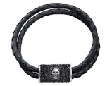 David Sigal Men's Leather Double Row Skull Bracelet with Synthetic Crystals in Stainless Steel